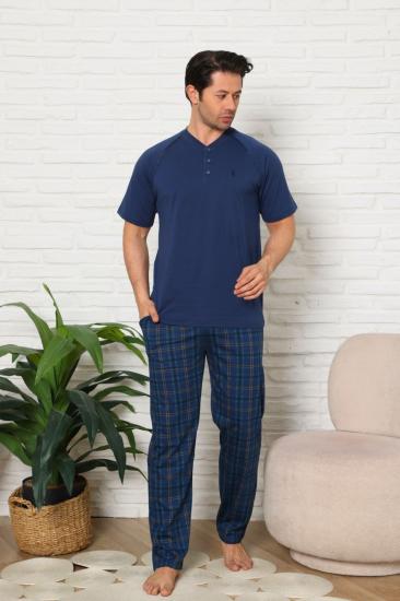 Erkek Pijama Takımı - İndigo Ekoseli Kısa Kollu Penye 1224KY