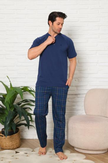 Erkek Pijama Takımı - İndigo Ekoseli Kısa Kollu Penye 1224KY