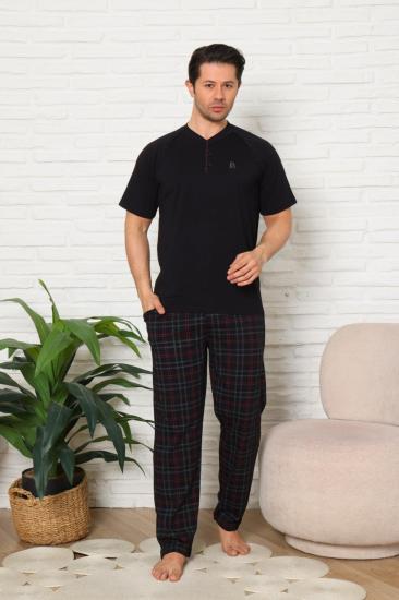 Erkek Pijama Takımı - Siyah Ekoseli Kısa Kollu Penye 1224KY