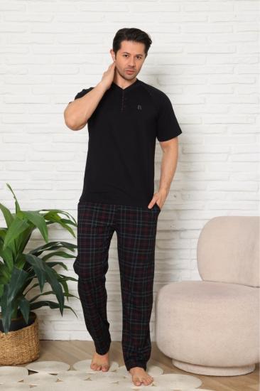 Erkek Pijama Takımı - Siyah Ekoseli Kısa Kollu Penye 1224KY