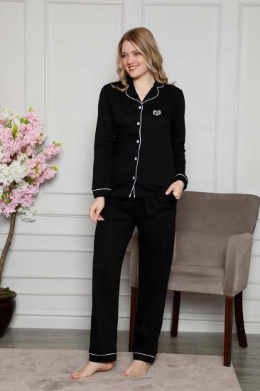 Bayan Pijama Takımı - Siyah Önden Düğmeli Uzun Kollu Likralı Penye 2577UKL