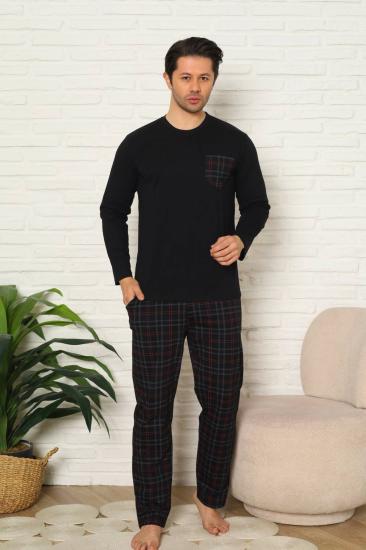 Erkek Pijama Takımı - Siyah Kareli Uzun Kollu Penye 1223UY