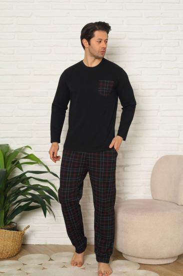 Erkek Pijama Takımı - Siyah Kareli Uzun Kollu Penye 1223UY