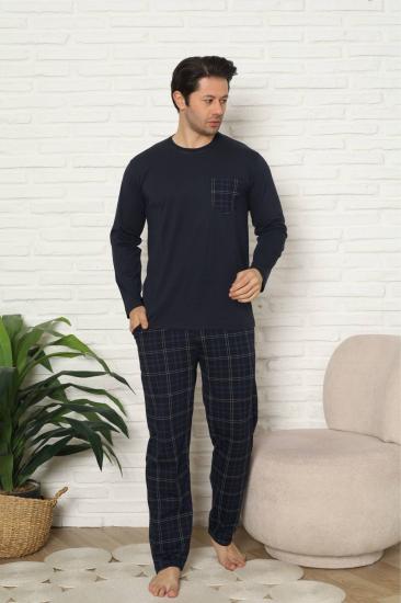 Erkek Pijama Takımı - Lacivert Kareli Uzun Kollu Penye 1223UY