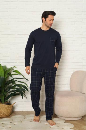 Erkek Pijama Takımı - Lacivert Kareli Uzun Kollu Penye 1223UY