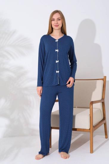 Kadın Pijama Takımı - İndigo Puantiyeli Önden Düğmeli Uzun Kollu Likralı 2828UY