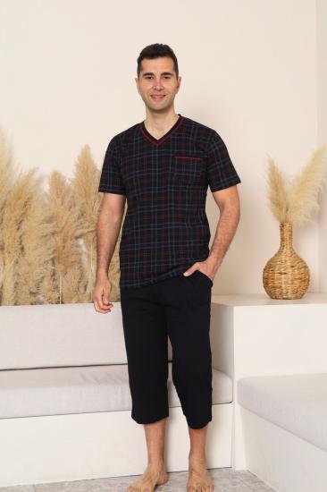 Erkek Pijama Takımı - Siyah Kareli V Yaka Bermuda Penye 1226B