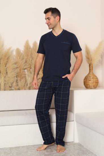 Erkek Pijama Takımı - Lacivert Kareli V Yaka Kısa Kollu Penye 1225KY
