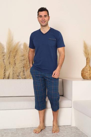 Erkek Pijama Takımı - İndigo Kareli V Yaka Bermuda Penye 1225B