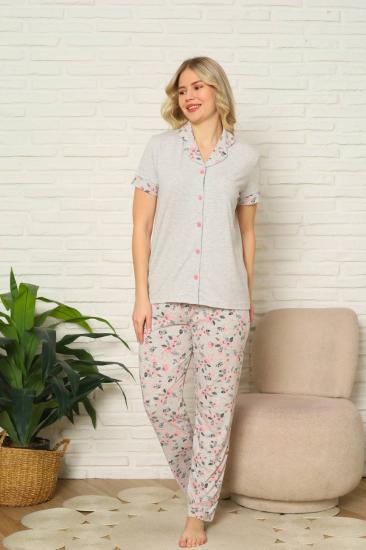 Kadın Pijama Takımı - Gri Gül Desenli Önden Düğmeli Kısa Kollu Likralı Penye 2873KY