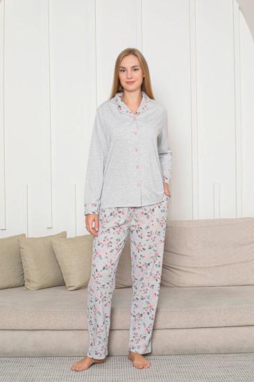 Kadın Pijama Takımı - Gri Gül Desenli Önden Düğmeli Uzun Kollu Likralı Penye 2873UY