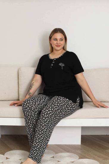 Büyük Beden Kadın Pijama Takımı - Siyah Kısa Kol Likralı 2857KYB