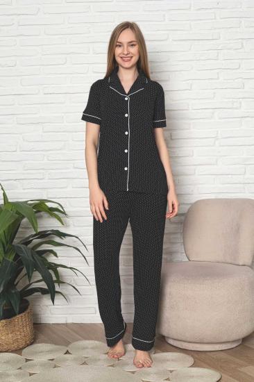 Kadın Pijama Takımı - Siyah Puantiyeli Önden Düğmeli Kısa Kollu Likralı Viskon 2888KY