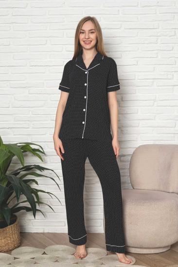 Kadın Pijama Takımı - Siyah Puantiyeli Önden Düğmeli Kısa Kollu Likralı Viskon 2888KY