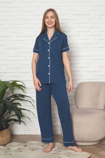 Kadın Pijama Takımı - İndigo Puantiyeli Önden Düğmeli Kısa Kollu Likralı Viskon 2888KY