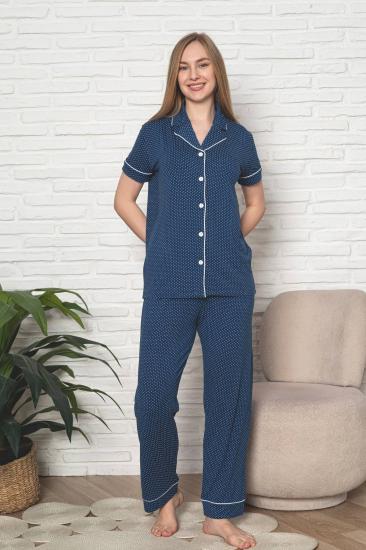 Kadın Pijama Takımı - İndigo Puantiyeli Önden Düğmeli Kısa Kollu Likralı Viskon 2888KY
