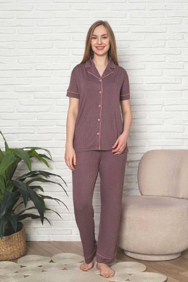 Kadın Pijama Takımı - Gülkurusu Puantiyeli Önden Düğmeli Kısa Kollu Likralı Viskon 2888KY
