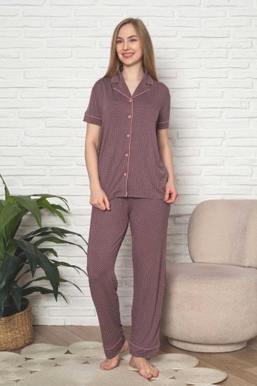 Kadın Pijama Takımı - Gülkurusu Puantiyeli Önden Düğmeli Kısa Kollu Likralı Viskon 2888KY