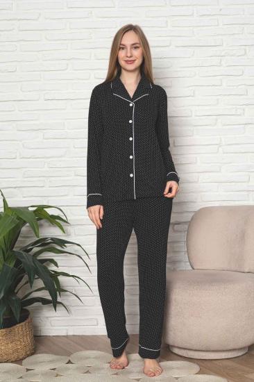 Kadın Pijama Takımı - Siyah Puantiyeli Önden Düğmeli Uzun Kollu Likralı Viskon 2888UY