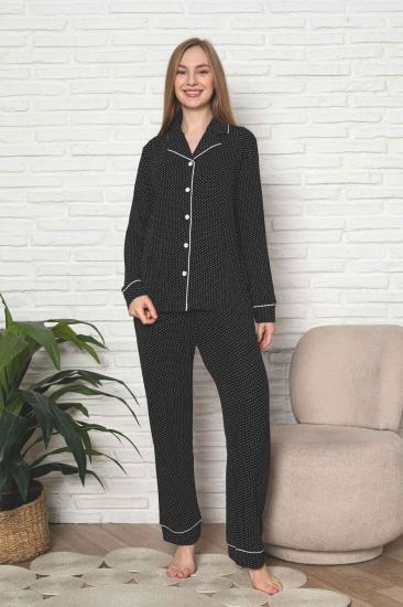 Kadın Pijama Takımı - Siyah Puantiyeli Önden Düğmeli Uzun Kollu Likralı Viskon 2888UY