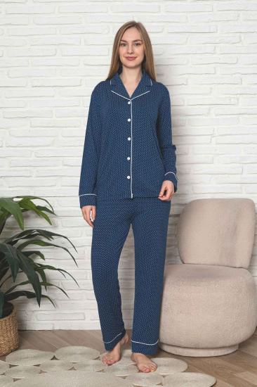 Kadın Pijama Takımı - İndigo Puantiyeli Önden Düğmeli Uzun Kollu Likralı Viskon 2888UY