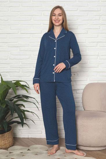 Kadın Pijama Takımı - İndigo Puantiyeli Önden Düğmeli Uzun Kollu Likralı Viskon 2888UY