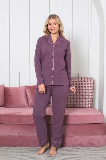 Kadın Pijama Takımı - Gülkurusu Puantiyeli Önden Düğmeli Uzun Kollu Likralı Viskon 2888UY