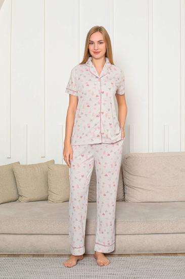 Kalp Desenli Kadın Pijama Takımı - Önden Düğmeli Likralı Kısa Kollu 2868KY