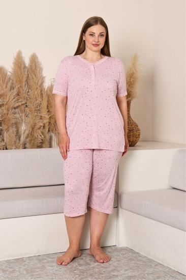 Büyük Beden Kadın Pijama Takımı - Pudra Çiçek Desenli Likralı Viskon 2915BB