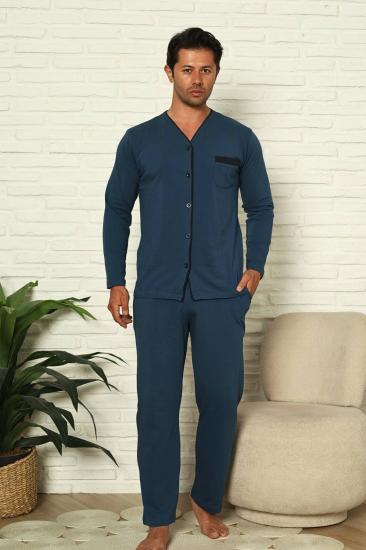 Önden Düğmeli Erkek Pijama Takımı - İndigo Uzun Kol Likralı Pamuk 1230UY