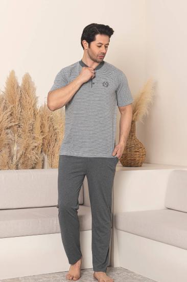 Erkek Pijama Takımı - Gri Çizgili Kısa Kollu Penye 1219KY