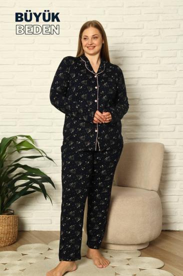 Büyük Beden Kadın Pijama Takımı - Boydan Düğmeli Likralı Viskon Kumaş 2919UYB
