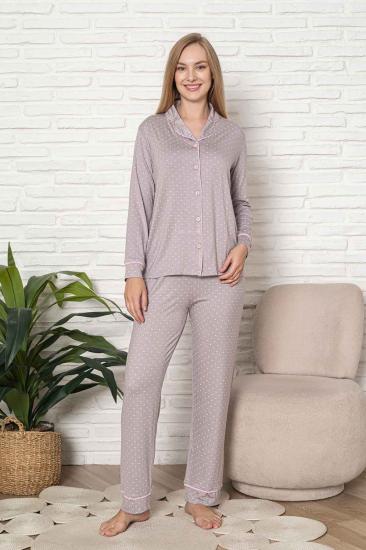 Önden Düğmeli Kadın Pijama Takımı - Kalp Desenli Uzun Kol Likralı Rink Viskon 2920UY