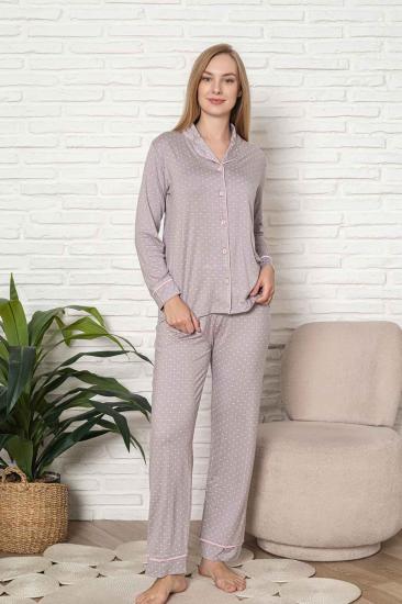 Önden Düğmeli Kadın Pijama Takımı - Kalp Desenli Uzun Kol Likralı Rink Viskon 2920UY