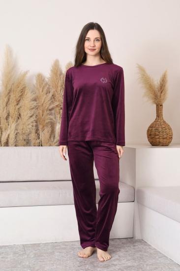 Kadife Kadın Pijama Takımı - Mor Nakış Desenli Cepli Süper Soft Kumaş 2598UK