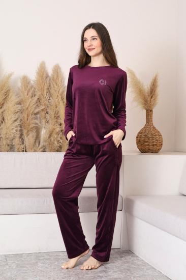 Kadife Kadın Pijama Takımı - Mor Nakış Desenli Cepli Süper Soft Kumaş 2598UK