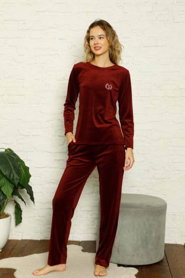 Kadife Kadın Pijama Takımı - Bordo Nakış Desenli Cepli Süper Soft Kumaş 2598UK