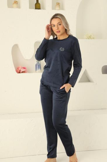 Kadife Kadın Pijama Takımı - Lacivert Nakış Desenli Cepli Süper Soft Kumaş 2598UK