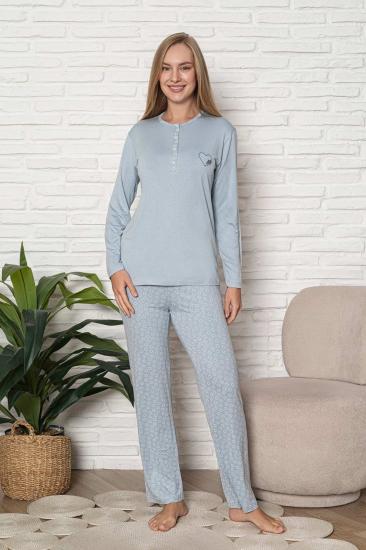 Kadın Pijama Takımı - Mavi Nakış Detaylı Uzun Kol Likralı Viskon 2924UY