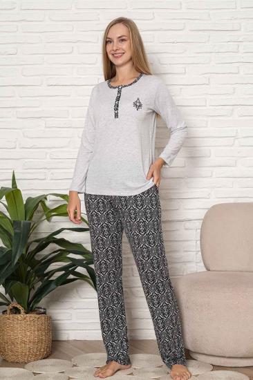 Kadın Pijama Takımı - Gri Etnik Desen Uzun Kol Likralı Kumaş 2923UY