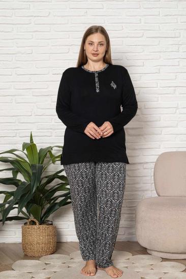 Büyük Beden Kadın Pijama Takımı - Siyah Etnik Desen Uzun Kol Likralı Kumaş 2923UYB