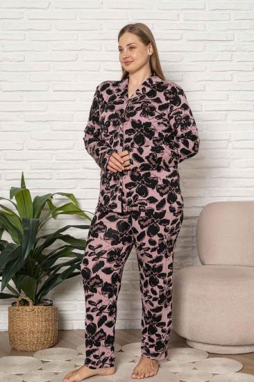 Büyük Beden Kadın Pijama Takımı - Çicek Desen Uzun Kol Likralı Kumaş 2922UYB