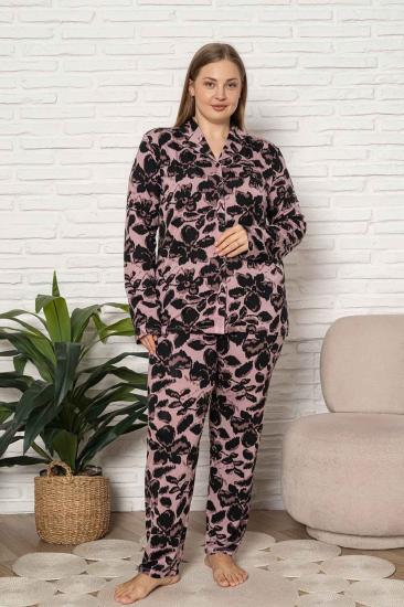 Büyük Beden Kadın Pijama Takımı - Çicek Desen Uzun Kol Likralı Kumaş 2922UYB