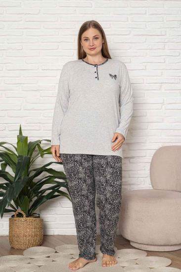 Büyük Beden Kadın Pijama Takımı - Gri Etnik Desen Uzun Kol Likralı Kumaş 2921UYB