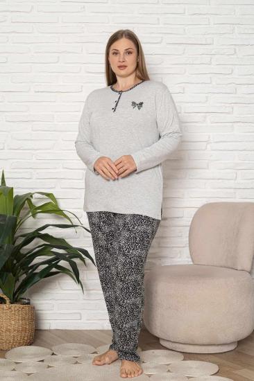 Büyük Beden Kadın Pijama Takımı - Gri Etnik Desen Uzun Kol Likralı Kumaş 2921UYB