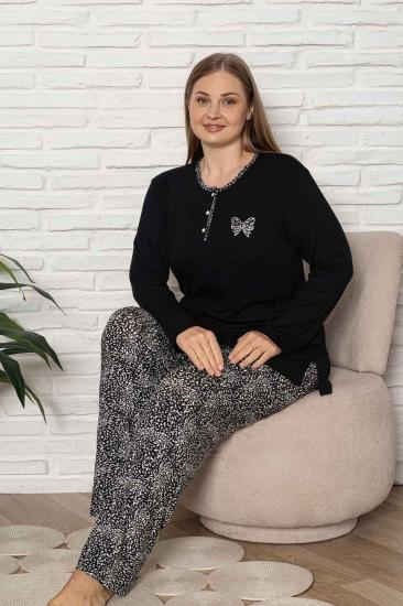 Büyük Beden Kadın Pijama Takımı - Siyah Etnik Desen Uzun Kol Likralı Kumaş 2921UYB