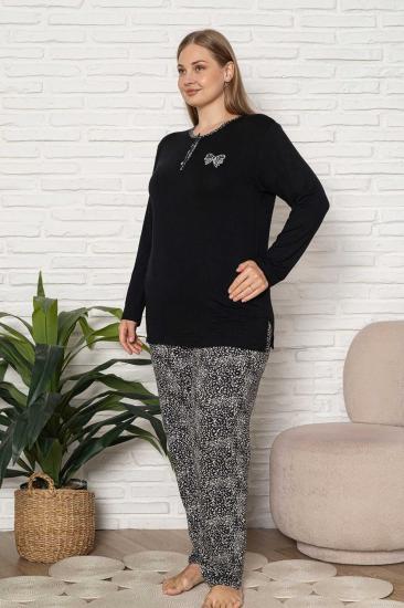 Büyük Beden Kadın Pijama Takımı - Siyah Etnik Desen Uzun Kol Likralı Kumaş 2921UYB