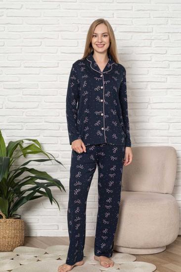 Önden Düğmeli Kadın Pijama Takımı - Fiyonk Desenli Uzun Kol Likralı Rink Viskon 2918UY