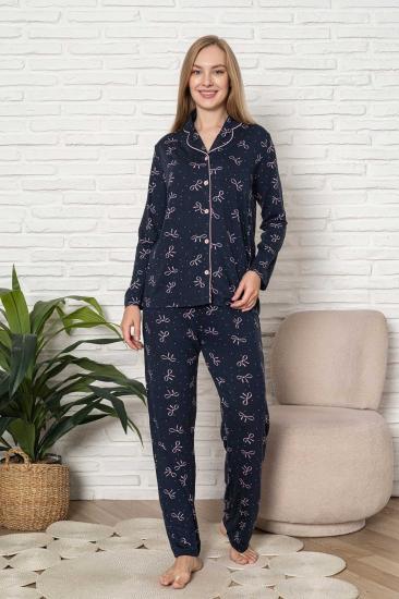 Önden Düğmeli Kadın Pijama Takımı - Fiyonk Desenli Uzun Kol Likralı Rink Viskon 2918UY
