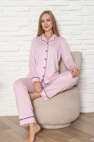 Önden Düğmeli Kadın Pijama Takımı - Pembe Çizgili Desenli Uzun Kol Likralı Rink Viskon 2507UY